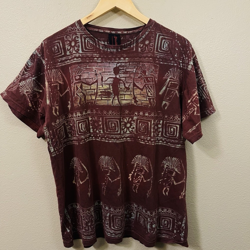 Shaddai Tribal Bleach‎ Out T-shirt All Over Print Aztec Native Burgundy Size XXL